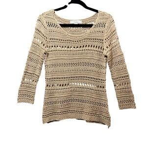 By Design‎ Crochet Top Knit Open Weave Boho Top Beige Medium Sweater